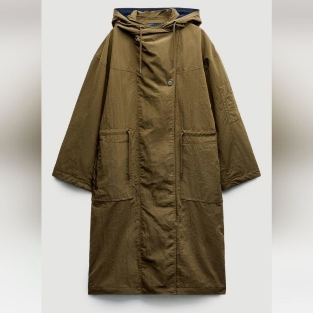 ZARA ZW Collection Oversized Water-Repellent Hooded Trench Coat Khaki Sz S NEW